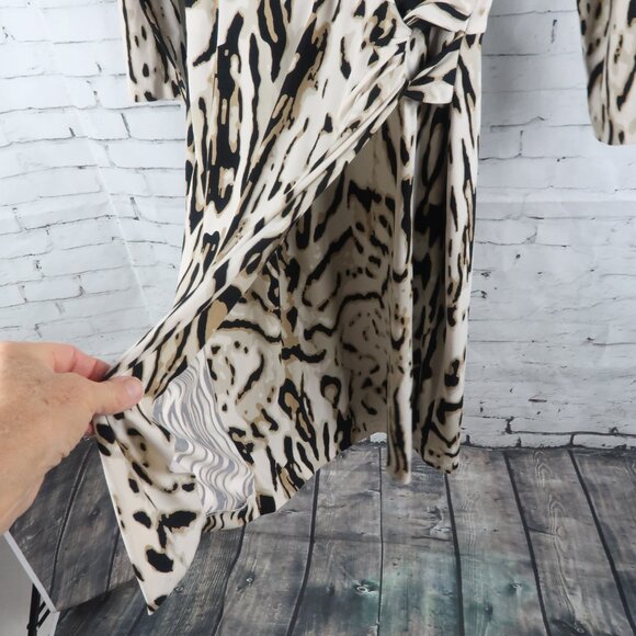 TAHARI ASL CREAM TAN & BLACK ANIMAL PRINT 3/4 SLEEVE MOCK WRAP MIDI DRESS SIZE 2 - Picture 7 of 12